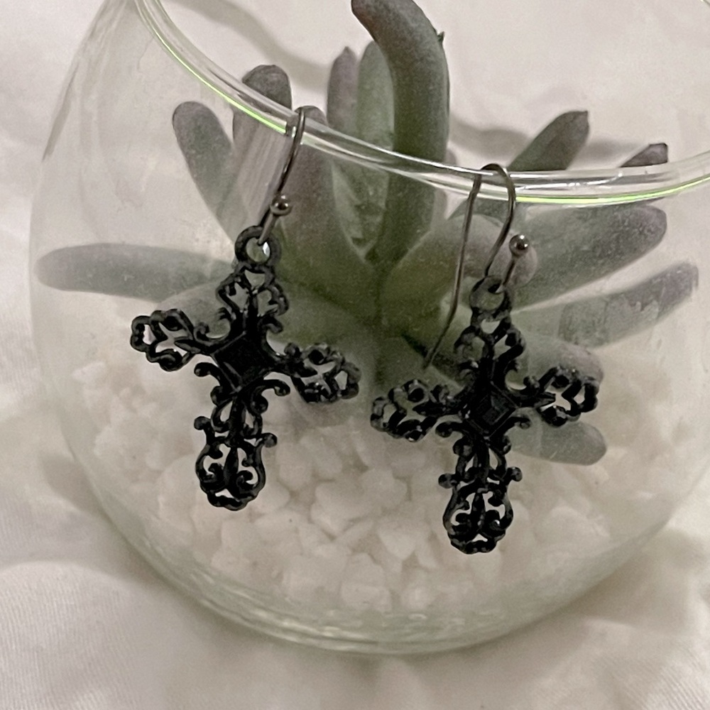 Black Cross Dangling Earrings